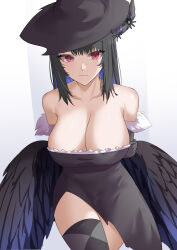 Rule 34 | 1girl, absurdres, argyle, argyle clothes, argyle legwear, arms behind back, bare shoulders, black dress, black feathers, black hair, black hat, black wings, blue hair, breasts, closed mouth, collarbone, colored inner hair, dress, elbow gloves, feathered wings, feathers, gloves, hat, highres, hololive, hololive english, horns, large breasts, large wings, looking at viewer, low wings, mole, mole under eye, multicolored hair, nerissa ravencroft, off-shoulder dress, off shoulder, rebelium, red eyes, simple background, solo, strapless, strapless dress, two-tone hair, virtual youtuber, white background, wings