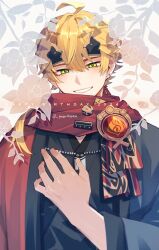 Rule 34 | 1boy, artist name, black kimono, blonde hair, blue jacket, blush, branch, camellia, commentary request, dated, dog tags, earrings, fake horns, flower, genshin impact, green eyes, grin, hair between eyes, hair over shoulder, hand up, haori, happy birthday, headband, highres, horned headwear, horns, jacket, japanese clothes, jewelry, kimono, long hair, long sleeves, looking at viewer, low ponytail, male focus, ponytail, red jacket, red ribbon, red scarf, ribbon, sakura 0270, scarf, sidelocks, simple background, smile, solo, stud earrings, thoma (genshin impact), twitter username, upper body, vision (genshin impact), white background