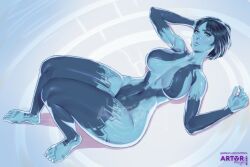 1girl artist_logo artist_name arttoru barefoot blue_hair blue_skin blush breasts collarbone colored_skin cortana covered_erect_nipples halo_(series) halo_4 hand_on_own_head large_breasts looking_at_viewer lying navel on_back short_hair solo v-shaped_eyebrows watermark web_address wide_hips