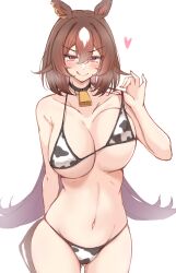 Rule 34 | 1girl, absurdres, alternate costume, animal ears, animal print, bare shoulders, bell, bikini, bikini pull, black choker, blush, breasts, brown hair, choker, clothes pull, collarbone, commentary request, cow print, cow print bikini, cowbell, cowboy shot, gluteal fold, hair between eyes, heart, highres, himuraanzu, horse ears, horse girl, horse tail, large breasts, licking lips, long hair, looking at viewer, multicolored hair, navel, neck bell, print bikini, red eyes, simple background, sirius symboli (umamusume), smile, solo, streaked hair, swimsuit, tail, tongue, tongue out, umamusume, very long hair, white background, white hair