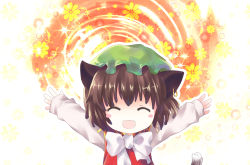 Rule 34 | 1girl, \o/, animal ears, arms up, bad id, bad pixiv id, brown hair, cat ears, cat girl, cat tail, chen, earrings, fangs, female focus, flower, gradient background, happy, hat, highres, jewelry, outstretched arms, plant, short hair, silverms2, solo, tail, touhou, upper body, white background