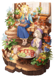 Rule 34 | 2girls, ^ ^, absurdres, backpack, bag, baiguiyu, belt pouch, blonde hair, blue capelet, blue flower, blue robe, bob cut, book, bookshelf, bowl, braid, campfire, capelet, choker, closed eyes, cooking pot, cup, curtains, dungeon meshi, egg, elf, falin touden, falin touden (tallman), flower, food, french braid, green eyes, grey hair, hands up, herb, highres, holding, holding bowl, holding food, hood, hood down, hooded capelet, hotpot, jacket, jar, long hair, long sleeves, marcille donato, multiple braids, multiple girls, mushroom, open book, orange flower, pants, parted bangs, pink flower, plant, pointy ears, potted plant, pouch, purple headwear, purple jacket, railing, robe, rolling pin, sandals, side braid, sitting, smile, soup, stairs, tray, unworn backpack, unworn bag, vegetable, white background, white flower, white pants, white robe, window