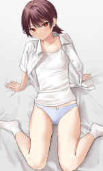 Rule 34 | 1girl, akipeko, arm support, bed sheet, blush, bow, bow panties, breasts, brown hair, camisole, collarbone, highres, looking at viewer, medium hair, no pants, open clothes, open shirt, original, panties, polka dot, polka dot panties, red eyes, shirt, short sleeves, sitting, small breasts, socks, underwear, wariza, white camisole, white panties, white shirt, white socks