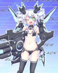 Rule 34 | 10s, 1girl, ;d, bikini, black sister, character name, choker, drill hair, elbow gloves, flat chest, gloves, green eyes, hair ornament, highres, huge weapon, long hair, mecha musume, mechanical wings, mizunashi (second run), navel, neptune (series), one eye closed, open mouth, revealing clothes, smile, solo, swimsuit, thighhighs, twin drills, twintails, uni (neptunia), v, weapon, white hair, wings, wink