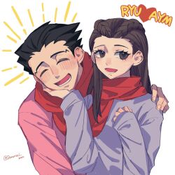 1boy 1girl :d ^_^ ace_attorney black_hair blue_sweater blush braid closed_eyes couple demorzel hand_on_another&#039;s_chin hand_on_another&#039;s_shoulder happy hetero highres iris_(ace_attorney) long_sleeves open_mouth phoenix_wright phoenix_wright:_ace_attorney_-_trials_and_tribulations pink_sweater red_scarf scarf shared_clothes shared_scarf simple_background sleeves_past_elbows smile sweater twin_braids twitter_username white_background