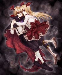 Rule 34 | 10s, 1boy, 1girl, :o, bat wings, black background, black footwear, black pants, black pantyhose, black skirt, blonde hair, blue eyes, boots, cape, earrings, frilled skirt, frills, gb hm, granblue fantasy, hair between eyes, head wings, hetero, holding hands, interlocked fingers, jewelry, long hair, long sleeves, open mouth, pants, pantyhose, pointy ears, popped collar, red eyes, shingeki no bahamut, shirt, shoes, short hair, skirt, suspenders, torn cape, torn clothes, vampire, vampy, veight, weidt, white footwear, white shirt, wings