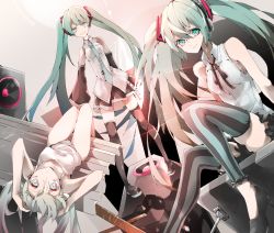 Rule 34 | 1girl, 3girls, bad id, bad pixiv id, boots, camisole, clone, detached sleeves, green eyes, green hair, hatsune miku, headphones, long hair, looking at viewer, lying, matching hair/eyes, multiple girls, necktie, on back, panties, pantyshot, saihate (saihate d3), sitting, skirt, speaker, striped clothes, striped panties, striped thighhighs, thigh boots, thighhighs, twintails, underwear, upskirt, vertical-striped clothes, vertical-striped thighhighs, very long hair, vocaloid