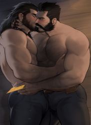 Rule 34 | 2boys, abs, ass, bara, beard, black hair, blush, body hair, bulge, character request, chest hair, couple, denim, dopey (dopq), eye contact, closed eyes, facial hair, graves (league of legends), highres, jeans, kiss, large pectorals, league of legends, long hair, looking at another, male focus, multiple boys, muscular, muscular male, mustache, nipples, pants, pectorals, short hair, thick thighs, thighs, tight clothes, tight pants, topless male, yaoi
