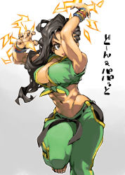 Rule 34 | 1girl, abs, arms up, barefoot, black hair, breasts, brown eyes, capcom, dark-skinned female, dark skin, electricity, gradient background, grey background, hip focus, large breasts, laura matsuda, long hair, midriff, navel, sketch, solo, street fighter, street fighter v, thighs, toes, wide hips, ysk!