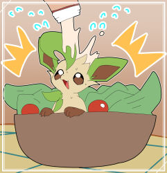 Rule 34 | 0kazu10001, absurdres, bowl, brown eyes, claws, creatures (company), fang, food, game freak, gen 4 pokemon, happy, highres, leafeon, lettuce, nintendo, no humans, open mouth, pokemon, pokemon (creature), ranch, salad, smile, sweat, tomato