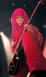 Rule 34 | 1girl, absurdres, blue eyes, blurry, blurry background, bocchi the rock!, cube hair ornament, electric guitar, feet out of frame, gibson les paul, gotoh hitori, guitar, hair ornament, higemu, highres, holding, holding instrument, instrument, jacket, long hair, long sleeves, looking at viewer, music, one side up, pants, pink hair, pink jacket, pink pants, playing instrument, solo, stage lights, standing, track jacket, very long hair
