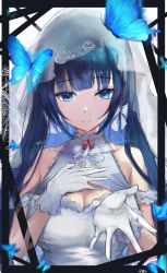 Rule 34 | 1girl, absurdres, aoi nabi, bare shoulders, black hair, blue eyes, blue hair, blunt bangs, bow, bow earrings, breasts, bridal veil, bug, butterfly, cleavage, cleavage cutout, clothing cutout, dress, earrings, gloves, halter dress, halterneck, hand on own chest, highres, indie virtual youtuber, insect, jewelry, long hair, looking at viewer, medium breasts, multicolored hair, red bow, rs2aky, smile, solo, two-tone hair, upper body, veil, virtual youtuber, wedding dress, white bow, white dress, white gloves