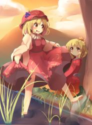 Rule 34 | 2girls, aki minoriko, aki shizuha, barefoot, blonde hair, clothes lift, cloud, dress, facing away, food, fruit, grapes, grass, hair ornament, hat, juliet sleeves, layered dress, leaf hair ornament, long sleeves, looking at another, mob cap, mountain, multiple girls, open mouth, orange eyes, pachio, puffy sleeves, short hair, siblings, sisters, skirt, skirt lift, smile, standing, standing on one leg, sunset, touhou, tree, wading, wide sleeves
