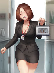 Rule 34 | 1boy, 4girls, blush, breasts, brown hair, cleavage, closed eyes, giant, giantess, highres, id card, in container, kuroihassan, medium breasts, mini person, miniboy, minigirl, multiple girls, office lady, open mouth, original, short hair, skirt, smile