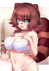 Rule 34 | 1girl, :d, animal ears, bandaid, bandaid on face, bandaid on nose, bare arms, bare shoulders, black choker, blue eyes, border, bra, breasts, brown hair, choker, collarbone, colored inner hair, colored tips, commentary, fang, groin, hands on own breasts, hands on own chest, highres, large breasts, letterboxed, linea alba, looking at viewer, multicolored eyes, multicolored hair, navel, open mouth, outside border, owozu, panties, raccoon ears, raccoon girl, raccoon tail, rakkun sutaru, red eyes, red hair, revision, short hair, skin fang, slash-ex, smile, solo, spanish commentary, stomach, tail, two-tone hair, underwear, virtual youtuber, white border, white bra, white panties
