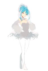 Rule 34 | 1girl, :d, blue hair, blunt bangs, blush, breasts, brown eyes, cleavage, copyright request, dress, full body, gloves, grey dress, hand on own chest, hands on own hips, head tilt, long hair, long sleeves, looking at viewer, lpip, medium breasts, no shoes, open mouth, original, pantyhose, puffy long sleeves, puffy sleeves, simple background, smile, solo, white background, white gloves, white pantyhose