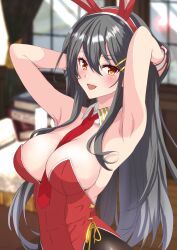 Rule 34 | 1girl, absurdres, animal ears, bare shoulders, between breasts, black hair, black pantyhose, blush, book, bow, bowtie, breasts, brown eyes, chair, covered navel, desk, detached collar, fake animal ears, hair ornament, hairband, hairclip, haruna (kancolle), highleg, highleg leotard, highres, indoors, kantai collection, large breasts, leotard, long hair, looking at viewer, necktie, necktie between breasts, nitamako (sakamalh), office, office chair, open mouth, pantyhose, paper, playboy bunny, rabbit ears, rabbit tail, red leotard, red necktie, side-tie leotard, smile, solo, strapless, strapless leotard, swivel chair, tail, traditional bowtie, wrist cuffs