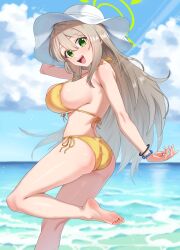 Rule 34 | 1girl, :d, ass, bare arms, bare legs, bare shoulders, barefoot, beach, bikini, blue archive, blush, breasts, day, feet, front-tie top, green eyes, halo, hat, highres, kadokadokado, large breasts, light brown hair, long hair, looking at viewer, nonomi (blue archive), nonomi (swimsuit) (blue archive), ocean, official alternate costume, open mouth, outdoors, side-tie bikini bottom, sideboob, sky, smile, soles, solo, string bikini, sun hat, swimsuit, thighs, toes, very long hair, water, white hat, yellow bikini