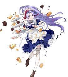 Rule 34 | 1girl, breasts, cake, clenched teeth, detached collar, dress, facial scar, fire emblem, fire emblem: genealogy of the holy war, fire emblem heroes, food, frilled dress, frills, fruit, full body, highres, leg up, long dress, long hair, macaron, maid, maid headdress, medium breasts, nintendo, non-web source, official art, parted lips, pastry, ponytail, puffy short sleeves, puffy sleeves, purple eyes, purple hair, scar, scar on cheek, scar on face, shoes, short sleeves, skirt, solo, strawberry, tailtiu (fire emblem), teeth, tiered tray, torn clothes, torn dress, torn skirt, transparent background, urata asao