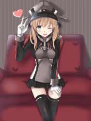 Rule 34 | 10s, 1girl, ;), abcd2345, anchor hair ornament, bad id, bad pixiv id, black thighhighs, blonde hair, blouse, breasts, couch, cross, gloves, hair ornament, hat, iron cross, kantai collection, kukiha, long hair, long sleeves, medium breasts, microskirt, military, military uniform, one eye closed, open mouth, peaked cap, prinz eugen (kancolle), shirt, sitting, skirt, smile, solo, thighhighs, twintails, uniform, v, white gloves