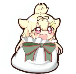 Rule 34 | 10s, 1girl, :d, bag, black ribbon, blonde hair, fang, hair flaps, hair ornament, hair ribbon, hairclip, in container, jako (jakoo21), kantai collection, long hair, open mouth, red eyes, ribbon, smile, solid circle eyes, the yuudachi-like creature, yuudachi (kancolle)