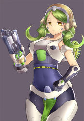Rule 34 | 1girl, arm cannon, armband, bodysuit, breasts, commentary request, cowboy shot, drill hair, expressionless, facial mark, gloves, green hair, gun, hand on own hip, headgear, highres, loincloth, looking at viewer, mecha musume, navel, neit ni sei, orisa (overwatch), overwatch, overwatch 1, personification, purple background, robot ears, single glove, sleeveless, solo, thighhighs, tight clothes, twin drills, twintails, upper body, weapon, yellow eyes