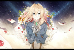 Rule 34 | 1girl, blonde hair, blue eyes, blue jacket, closed mouth, eugeboy zzzzz, floating hair, hair between eyes, hair intakes, hair ribbon, highres, jacket, kyoto animation, letter, long hair, long sleeves, prosthesis, prosthetic hand, red ribbon, ribbon, sky, smile, solo, standing, star (sky), starry sky, upper body, violet evergarden, violet evergarden (series), white neckwear