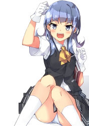 Rule 34 | 1girl, arm up, beritabo, black skirt, black vest, blue eyes, blue hair, blush, book, bow, collared shirt, dress shirt, feet out of frame, gloves, hatsukaze (kancolle), highres, kantai collection, knees together feet apart, knees up, long hair, open mouth, panties, pleated skirt, shirt, short sleeves, skirt, socks, solo, teeth, underwear, upper teeth only, v-shaped eyebrows, vest, white background, white gloves, white panties, white shirt, white socks, yellow bow