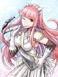 Rule 34 | 1girl, aono shimo, armor, armpits, bad id, bad pixiv id, blunt bangs, crown, elbow gloves, fate/grand order, fate (series), gloves, hand on own hip, highres, holding, long hair, looking at viewer, medb (fate), one eye closed, pauldrons, pink hair, shoulder armor, smile, solo, tiara, white background, white gloves, yellow eyes