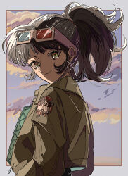Rule 34 | 1girl, 3d glasses, absurdres, an-an lee, black hair, border, closed mouth, cloud, eyewear on head, from side, green jacket, grey border, highres, jacket, looking at viewer, looking to the side, medium hair, natsugu72, outside border, ponytail, purple sky, reverse:1999, sidelighting, sky, smile, solo, turning head, upper body, yellow eyes