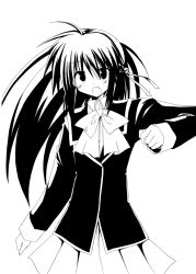 Rule 34 | 1girl, akane souichi, arm at side, blazer, bow, bowtie, clenched hand, cowboy shot, greyscale, jacket, little busters!, long hair, looking at viewer, miniskirt, monochrome, natsume rin, pleated skirt, simple background, skirt, sleeve cuffs, solo, very long hair, white background