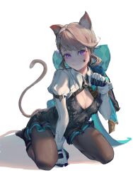 Rule 34 | 1girl, absurdres, animal ears, aqua bow, arm between legs, black dress, black footwear, black gloves, blunt bangs, bow, breasts, brown pantyhose, cat ears, cat girl, cat tail, cleavage, closed mouth, commentary request, dress, facial mark, full body, furioso, genshin impact, gloves, grey hair, highres, juliet sleeves, long sleeves, looking at viewer, lynette (genshin impact), medium breasts, pantyhose, paw pose, puffy sleeves, purple eyes, short hair, shrug (clothing), simple background, solo, star (symbol), star facial mark, tail, two-tone gloves, white background, white gloves, wrist cuffs
