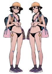 Rule 34 | 2girls, backpack, bag, bandaid, bandaid on knee, bandaid on leg, bikini, black bikini, black eyes, black hair, breasts, crime prevention buzzer, full body, glasses, hat, highres, looking at viewer, medium hair, multiple girls, navel, original, own hands together, ponytail, randoseru, school hat, shoes, short hair, shoulder bag, small breasts, smile, sneakers, standing, swimsuit, wang-pac