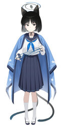 Rule 34 | 1girl, absurdres, animal ears, black eyes, black hair, black sailor collar, black skirt, blue archive, blue halo, blue neckerchief, cat&#039;s cradle, cat ears, cat tail, closed mouth, commentary, flip-flops, full body, h9 99999, halo, haori, highres, japanese clothes, kikyou (blue archive), long sleeves, looking at viewer, multiple tails, neckerchief, pleated skirt, sailor collar, sandals, school uniform, serafuku, short hair, simple background, skirt, socks, solo, symbol-only commentary, tachi-e, tail, two tails, white background, white socks