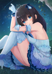 Rule 34 | 1girl, armpits, azuki yui, bare shoulders, black hair, blue dress, blue gloves, blue ribbon, blue theme, blue thighhighs, bracelet, breast press, breasts, commentary request, dress, feet out of frame, from side, glint, gloves, hair between eyes, hair ribbon, hand on own arm, high heels, idolmaster, idolmaster cinderella girls, ivy, jewelry, knees up, layered dress, long hair, looking at viewer, looking to the side, medium breasts, night, night sky, on grass, outdoors, panties, pearl bracelet, pleated dress, ribbon, ring, sagisawa fumika, sideboob, sitting, sky, smile, solo, star (sky), starry sky, strapless, strapless dress, thighhighs, tiara, tree, underwear