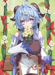 Rule 34 | 1girl, ahoge, bare shoulders, black gloves, blue hair, bodystocking, breasts, chinese knot, detached sleeves, eating flower, flower, flower knot, flower swing, ganyu (genshin impact), genshin impact, gloves, gold trim, highres, horns, large breasts, long hair, looking at viewer, multicolored eyes, qingxin flower, sidelocks, solo, swing, tassel, thighlet, vision (genshin impact), white flower, white sleeves, xishuu (user dvah3828)