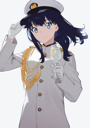 Rule 34 | 1girl, aiguillette, alternate costume, black hair, blue eyes, breasts, closed mouth, commentary request, cup, drink, gloves, gridman universe, hat, highres, holding, holding cup, lensu (lotus36936936), long hair, long sleeves, looking at viewer, military, military hat, military uniform, peaked cap, small breasts, smile, solo, ssss.gridman, straight hair, takarada rikka, uniform, white gloves, white hat