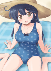 Rule 34 | 10s, 1girl, black hair, blanket, blue one-piece swimsuit, blush, breasts, brown eyes, cleavage, collarbone, female focus, hat, kantai collection, large breasts, long hair, looking at viewer, marugoshi (54burger), one-piece swimsuit, open mouth, polka dot, polka dot swimsuit, sitting, smile, solo, straw hat, swimsuit, ushio (kancolle), ushio (swimsuit mode) (kancolle), very long hair, wariza