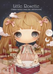 Rule 34 | 1girl, blunt bangs, blush, box, brown hair, building, cloud, constellation, crescent moon, dress, drum, english text, flower, gift, gift box, grey eyes, hair ribbon, holding, instrument, long hair, looking at viewer, moon, no nose, original, pink dress, pink ribbon, puffy short sleeves, puffy sleeves, ribbon, shadow, shirosaki london, short sleeves, solo, tree, twintails, white flower