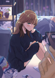 Rule 34 | 1girl, alcohol, ashtray, bed, black hair, black sweater, blush, book, book stack, brown hair, cigarette, crumpled paper, earrings, highres, holding, holding cigarette, indoors, jewelry, long hair, long sleeves, miko35, original, plant, potted plant, pov, smile, smoke, smoking, solo focus, sweater, tissue box, vodka, window