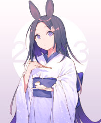 Rule 34 | 1girl, 2023, animal ears, bad id, bad pixiv id, black hair, blue sash, chinese zodiac, chopsticks, closed mouth, expressionless, fifuth, food, forehead, gradient background, hair ornament, highres, holding, holding chopsticks, holding plate, japanese clothes, kimono, long hair, long sleeves, looking at viewer, obi, original, parted bangs, pink background, plate, purple eyes, purple hair, rabbit ears, rabbit hair ornament, sash, simple background, solo, very long hair, white background, white kimono, wide sleeves