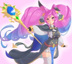 Rule 34 | 1girl, animal ears, bell, belt, big hair, blue hair, blush, breasts, cape, cleo (dragalia lost), cream cod, dragalia lost, dress, gradient hair, hair bell, hair ornament, highres, holding, holding staff, large breasts, long hair, multicolored hair, pelvic curtain, purple eyes, purple hair, rabbit ears, smile, solo, staff, thighhighs, twintails, very long hair, white thighhighs, zettai ryouiki