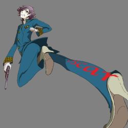 Rule 34 | 1boy, androgynous, black hair, blue eyes, boots, buttons, character name, clenched teeth, from below, full body, gloves, grey background, gun, high heels, looking at viewer, lupin iii, male focus, open mouth, oscar (lupin), otta, pov, simple background, solo, teeth, wavy hair, weapon