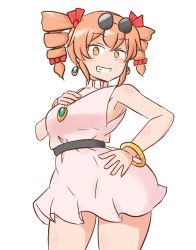 Rule 34 | 1girl, armpit peek, bangle, bare shoulders, belt, blush, bow, bracelet, breasts, contrapposto, cowboy shot, dress, drill hair, earrings, eyewear on head, from below, grin, hair bow, hand on own hip, hand up, highres, jewelry, looking at viewer, mizusoba, necklace, no headwear, no headwear, pendant, pink dress, ring, short dress, sleeveless, sleeveless dress, smile, solo, sunglasses, thighs, touhou, twin drills, white dress, yellow eyes, yorigami jo&#039;on