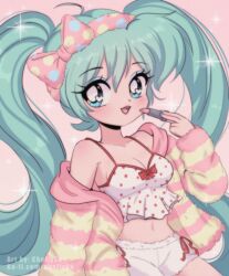 Rule 34 | 1990s (style), 1girl, absurdres, blue eyes, blue hair, blue nails, blush, bow, breasts, chellyko, cleavage, collarbone, eyeshadow, hair bow, hairband, hatsune miku, heart, heart in eye, highres, holding, hood, hoodie, lipstick, long hair, long sleeves, looking to the side, makeup, medium breasts, midriff, navel, off shoulder, open mouth, pink background, pink hoodie, polka dot, polka dot bow, polka dot shirt, retro artstyle, shirt, shorts, smile, sparkle, standing, striped clothes, striped hoodie, symbol in eye, tank top, teeth, twintails, vocaloid, white shirt, white shorts