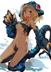 Rule 34 | absurdres, blonde hair, check commentary, claws, commentary, commentary request, crotch plate, glowing, glowing eyes, highres, kaamin (mariarose753), lizard tail, monster girl, open mouth, original, reptile girl, scales, sharp teeth, short hair, solo, tail, teeth, tokage (kaamin)