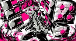 Rule 34 | 1boy, action, artist name, aura, commentary, fangs, frown, glowing, glowing eyes, greyscale, greyscale with colored background, hair slicked back, headphones, highres, holding, holding weapon, ink tank (splatoon), inkling, inkling boy, inkling player character, jacket, looking to the side, male focus, monochrome, nintendo, open clothes, open jacket, open mouth, partially colored, pink eyes, pink hair, pink theme, shirt, short hair, shorts, signature, solo, splatoon (series), splatoon 2, standing, tenta missiles (splatoon), weapon, yuito (yuitokobunasbs0)