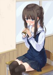 Rule 34 | 1girl, black thighhighs, blue eyes, blue shirt, blush, brown hair, can, chair, collarbone, commentary request, cup, desk, disposable cup, drinking straw, indoors, long hair, looking at viewer, miniskirt, on desk, open mouth, original, plaid, plaid skirt, pleated skirt, ponytail, sailor collar, school desk, school uniform, shirt, sidelocks, sitting, on desk, skirt, solo, thighhighs, unasaka ryou, white sailor collar, window, zettai ryouiki