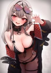 Rule 34 | 1girl, :d, arm up, bikini, bikini pull, black bikini, black collar, black jacket, blunt bangs, blush, breasts, caution, claw pose, clothes pull, collar, collarbone, eyewear on head, fangs, grey hair, heart, heart-shaped eyewear, heart pendant, highres, hololive, jacket, large breasts, long hair, looking at viewer, nail polish, namagome negi, open mouth, pulled by self, red eyes, red nails, sakamata chloe, smile, solo, strap pull, sunglasses, sweat, swimsuit, thigh strap, two-sided fabric, two-sided jacket, virtual youtuber, wet