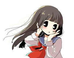 Rule 34 | 1girl, black sclera, blue sailor collar, blush, bright pupils, brown hair, colored sclera, commentary request, dot nose, hand on own face, long hair, long sleeves, looking at viewer, manmi, neckerchief, open mouth, original, red neckerchief, sailor collar, school uniform, serafuku, shirt, simple background, upper body, white background, white pupils, white shirt